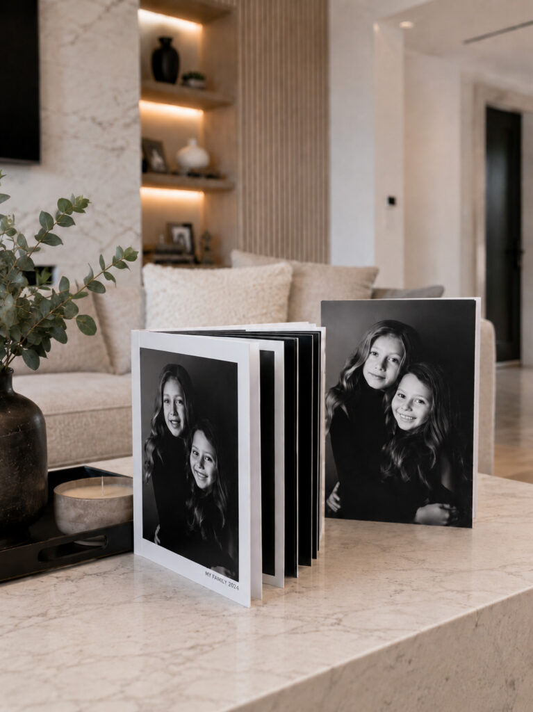 Family portraits delivered as the art book and displayed on a coffee table inside of a Miami Beach home. 